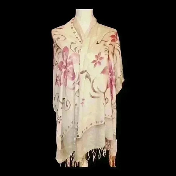 CASHMERE Scarf SWAT by S.T.S. IVORY SILK Printed Hijab Head Cover Shoulders Wrap - Picture 1 of 10